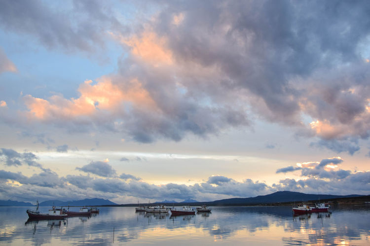 Several fishing boats in the bay in a cloudy sunset in patagonia