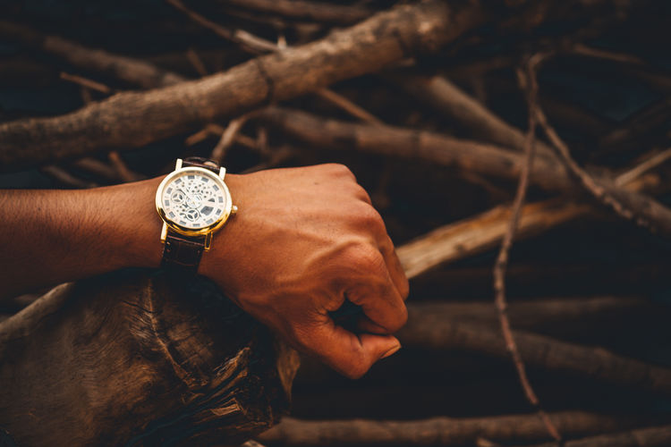 Close-up of man hand wearing wristwatch on wood