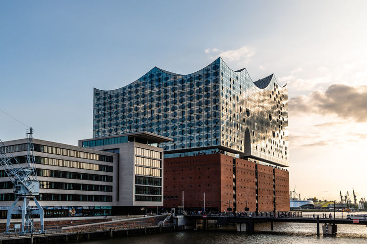 The elbphilharmonie, concert hall in the port of hamburg at sunset