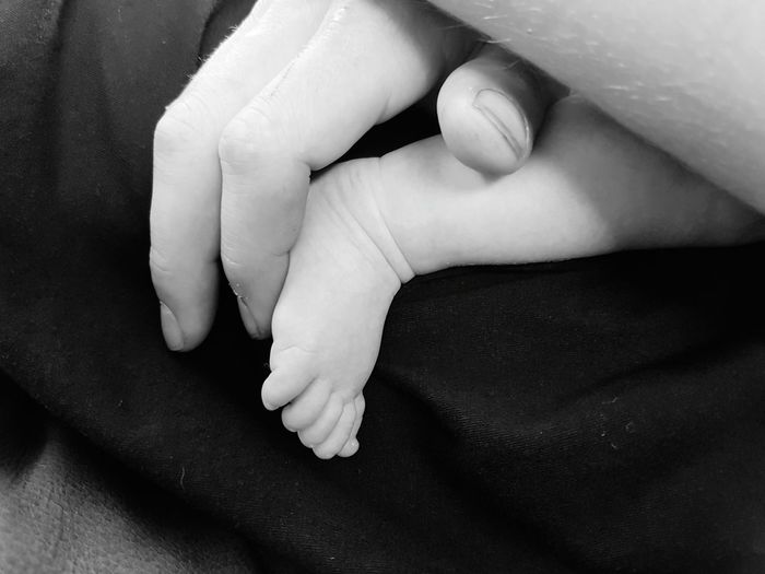 Cropped hands holding baby feet