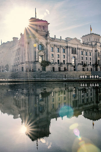 Reichstag building reflecting in lake against sky on sunny day