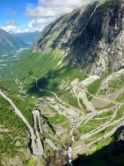 High angle view of winding road amidst mountains against sky