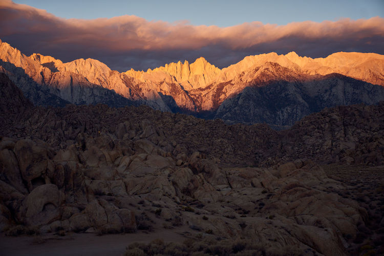 Sunrise from alabama hills of mt whitney and the sierra mountains