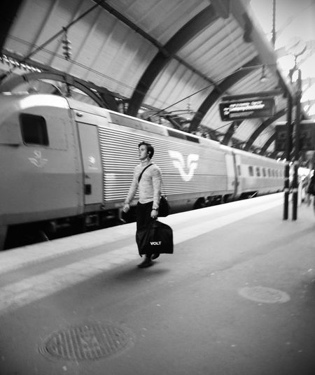 Rear view of man on train at railroad station