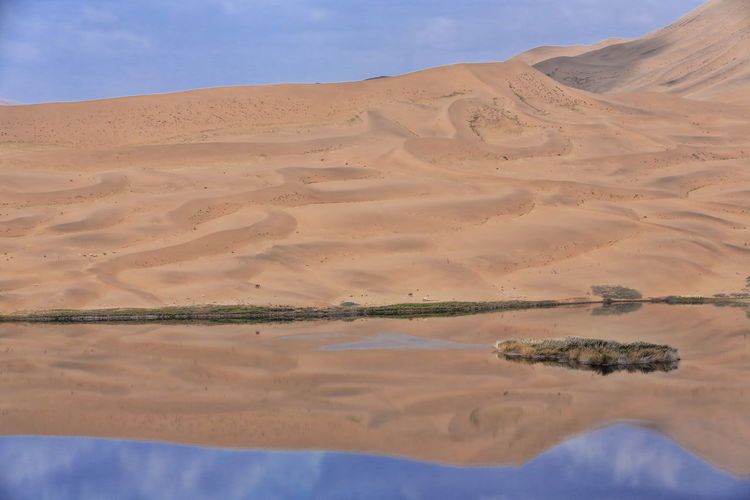 1077 lake zhalate-badain jaran desert-nomadic yurts-dune and sky reflection. inner mongolia-china.