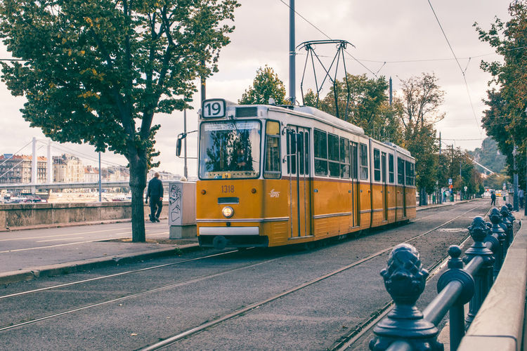 View of tram in city