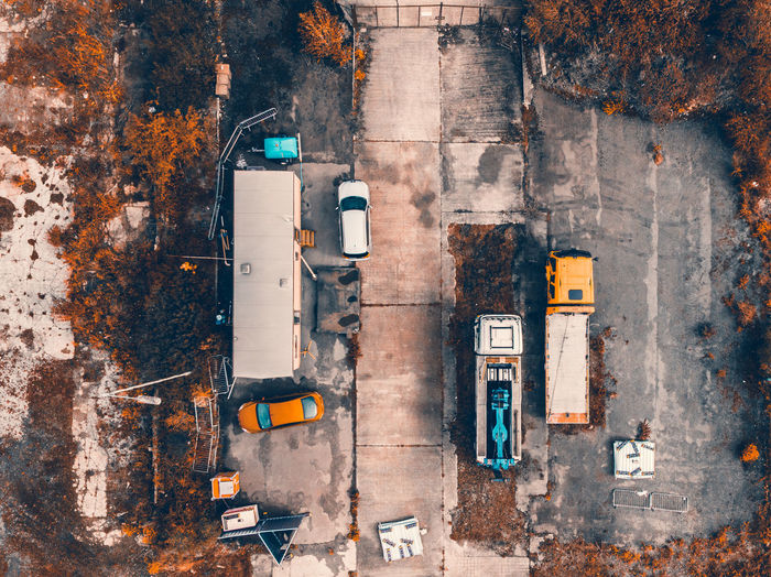 Directly above shot of cars and truck on road