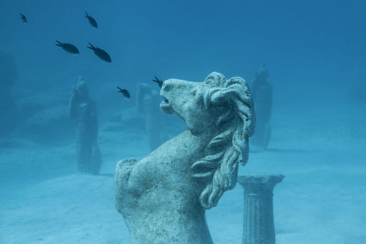 Underwater photography of ancient looking stature area at coastline of cyprus.