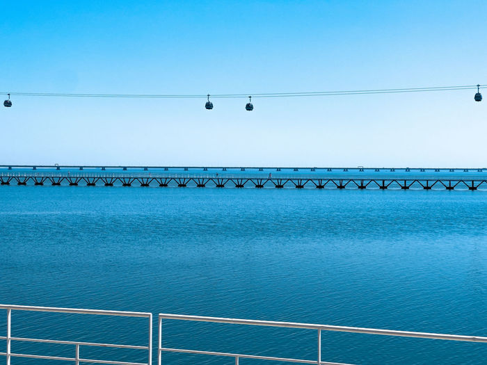 Large blue body of water and sky, close white rails,  distant pier and bridge,  4 cable cars 