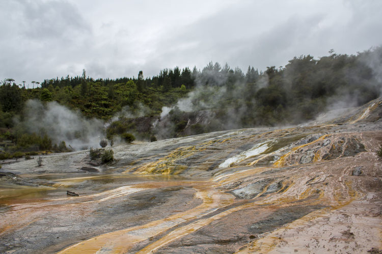 Rainbow and cascade silica terrace, geothermal park in new zealand