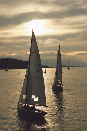 Sailboats sailing in sea during sunset