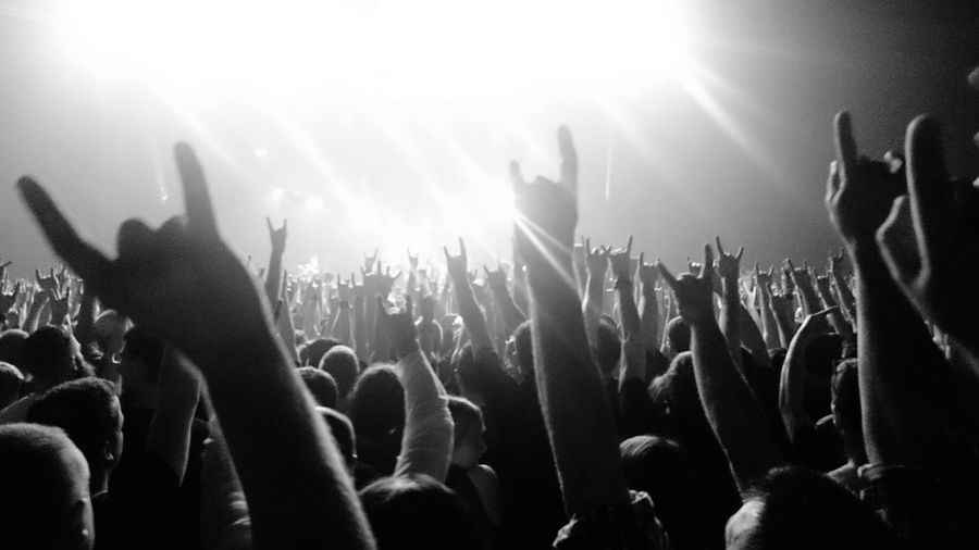 Crowd with arms raised in concert