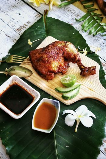 Close-up of food served on table