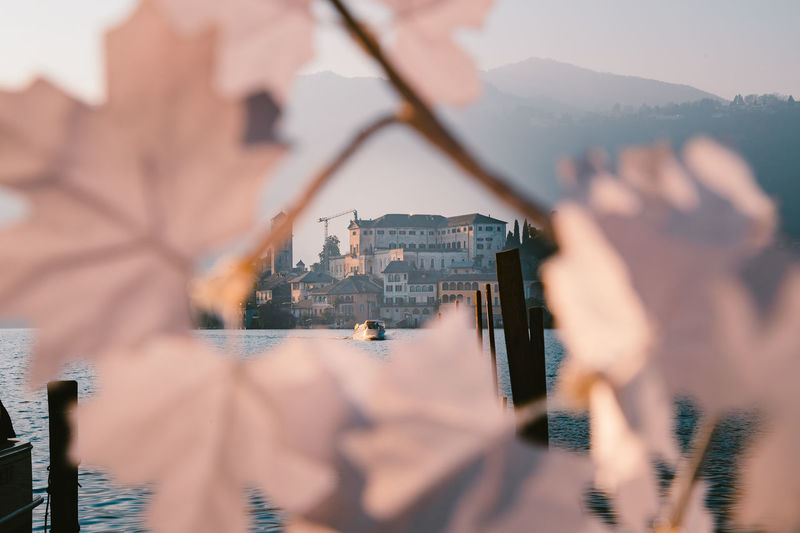 View of the san giulio island on lake orta with tourist boat resumed in the middle of flowers