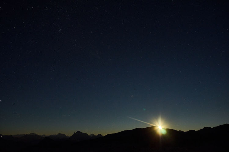 Scenic view of silhouette mountain against sky at night