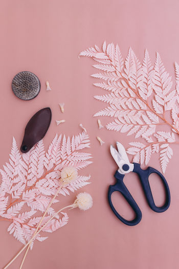 High angle view of dried plants and florist tools 