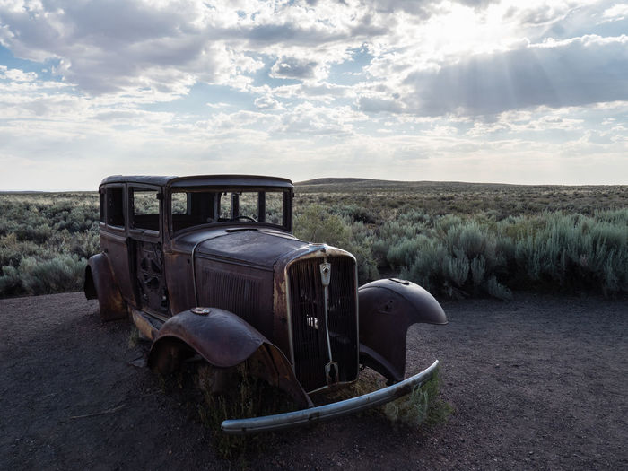 Old derelict studebaker car in the petrified forest national park