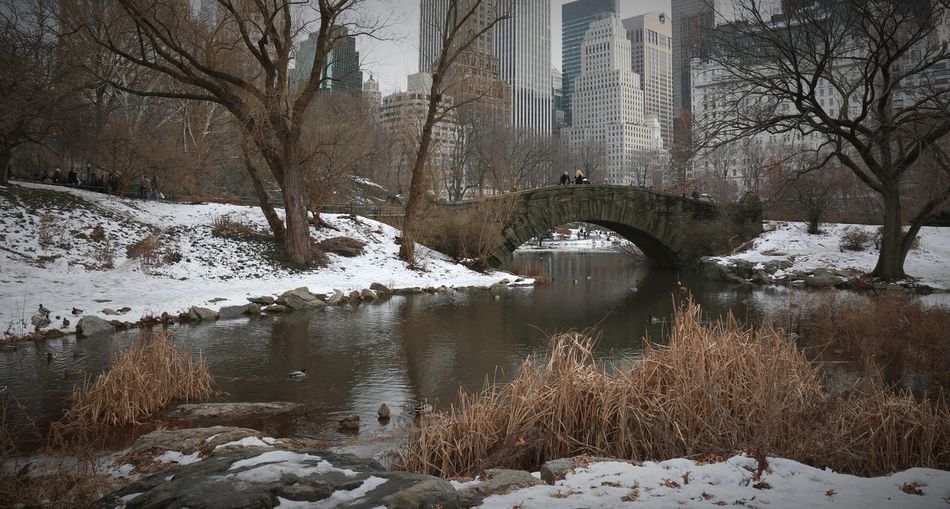 Snow covered river in city