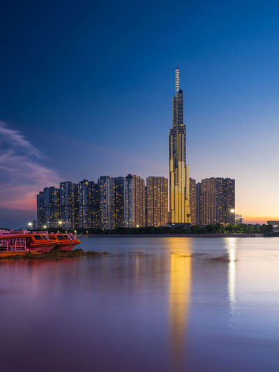 Vinhome central park and landmark 81 buildings in ho chi minh city at sunset moment.
