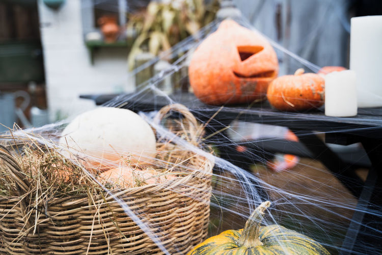 Close-up of pumpkins in basket for sale
