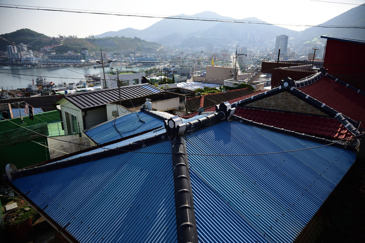 High angle view of buildings in city