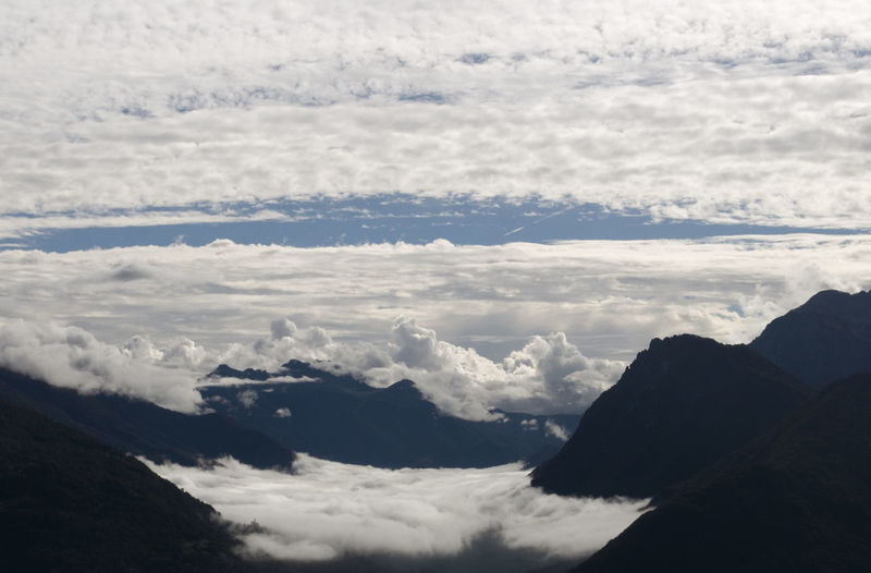 Scenic view of mountains against cloudy sky