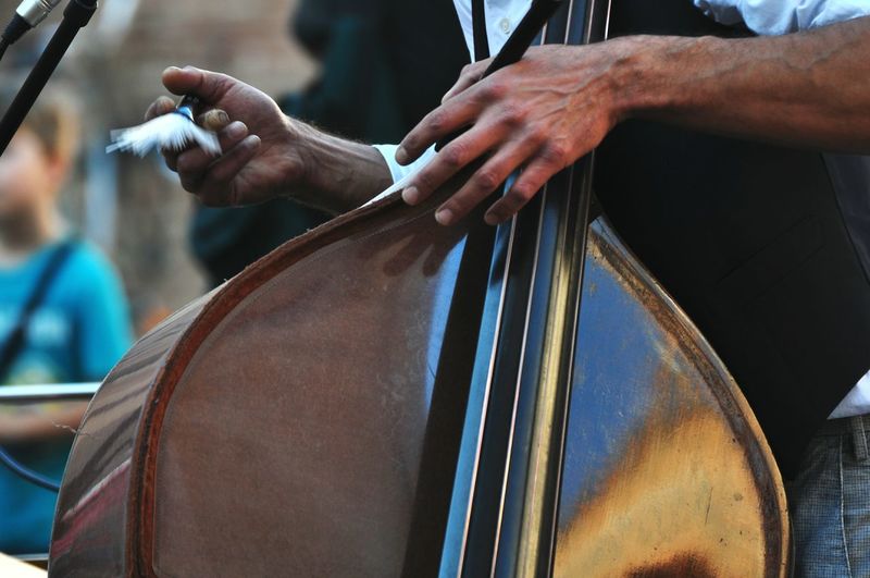 Midsection of man holding double bass