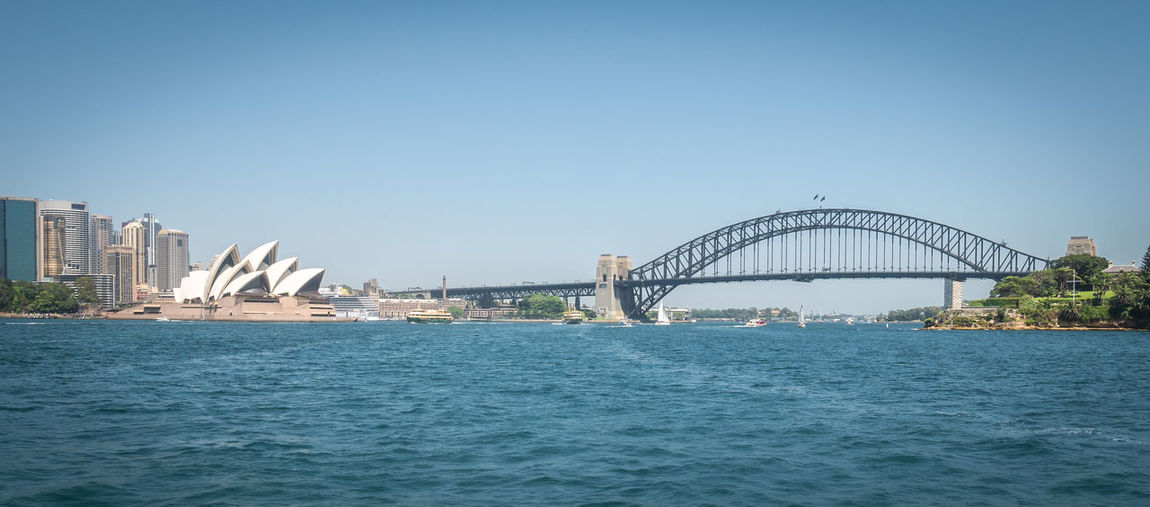 View of bridge and cityscape against clear blue sky