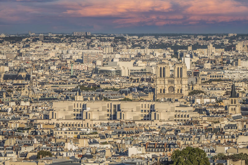 Aerial view of the cathedral of notre dame at sunset