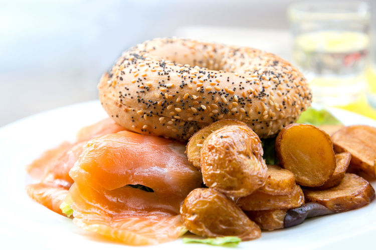 Bagel and salmon on a plate