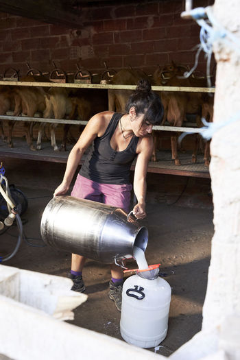 Female farmer pouring milk in container at farm