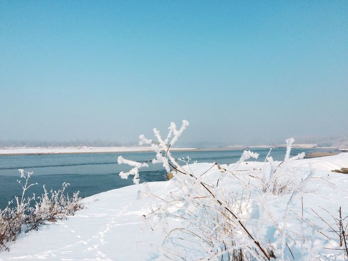 Scenic view of frozen sea against clear sky