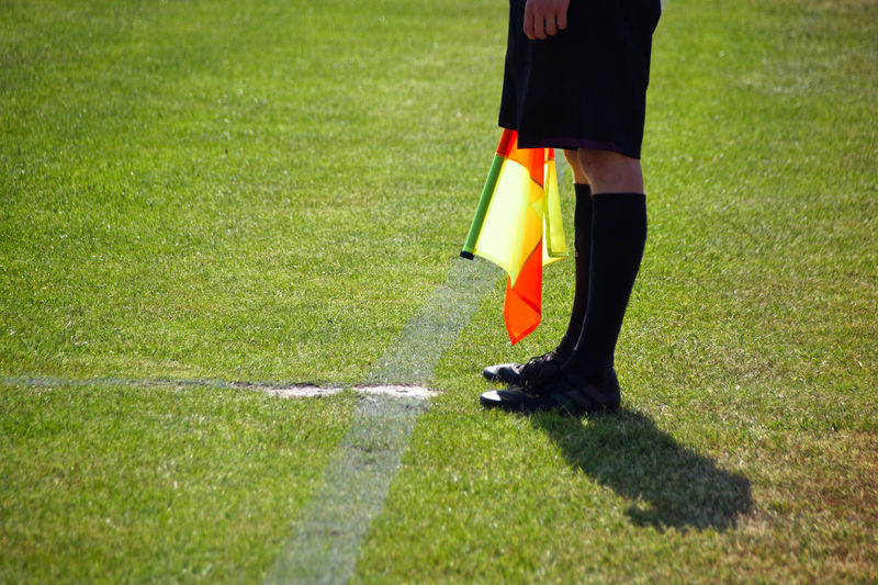 Low section of referee standing on soccer field