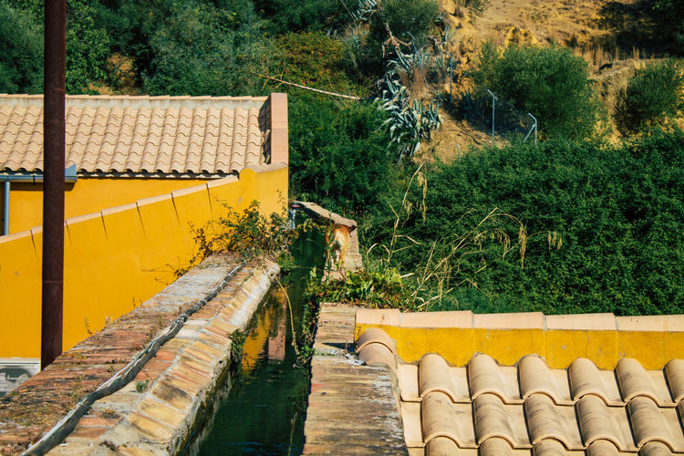 High angle view of yellow roof and building