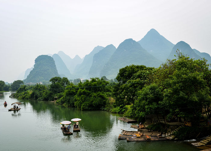 Yangshuo landscape with river and rafts
