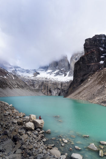 Scenic view of lake by mountains against sky