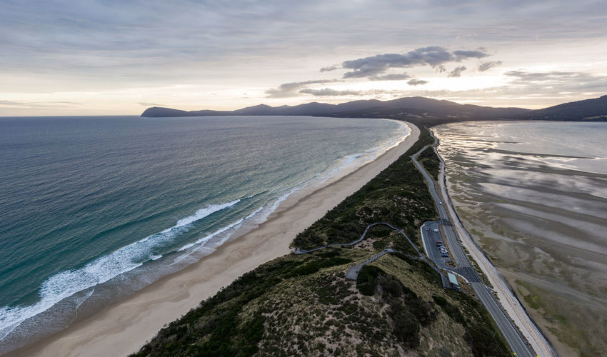 Aerial view of the neck, an isthmus connecting north and south bruny island in tasmania, australia