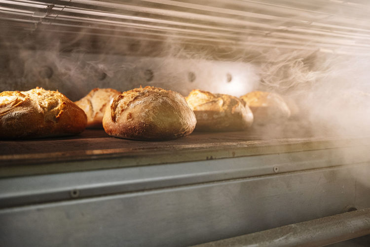 Breads in oven at bakery