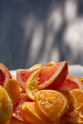 Close-up of fruit slices on table