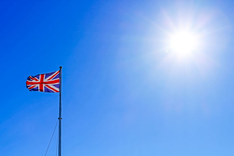 Low angle view of united kingdom flag against clear sky