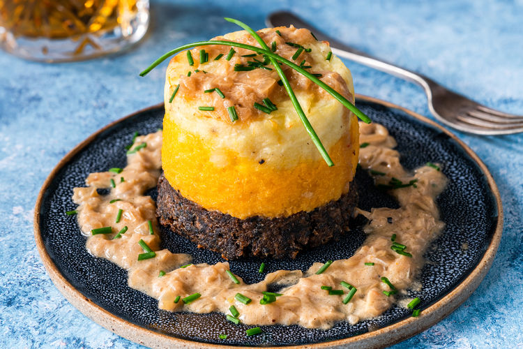 Haggis, neeps and tatties, haggis, turnips and potatoes, with whisky sauce,scottish burns night dish