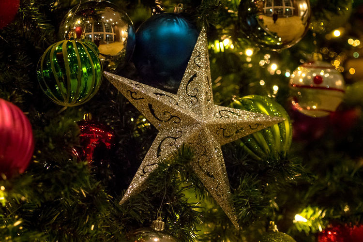 Close-up of christmas decoration hanging on tree at night