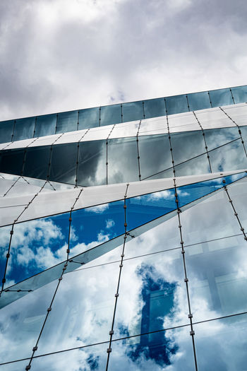 Glass building with reflection against cloudy sky
