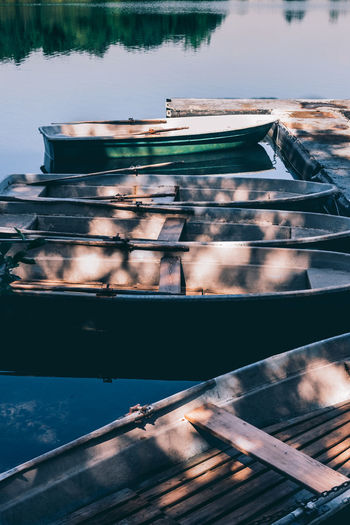 Close-up of boat moored on lake