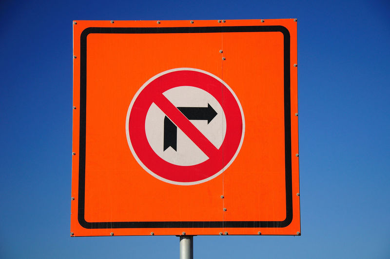 Close-up of warning sign against clear blue sky