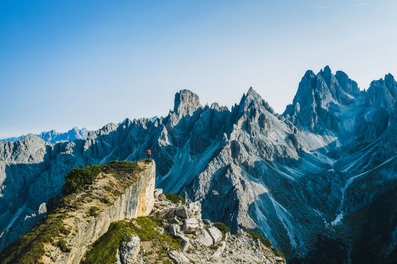 Scenic view of snowcapped mountains against clear blue sky