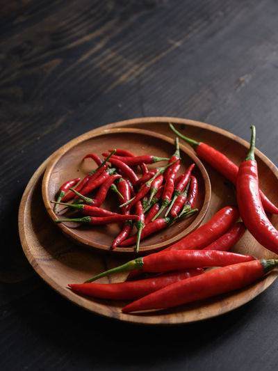 High angle view of red chili peppers in bowl on table