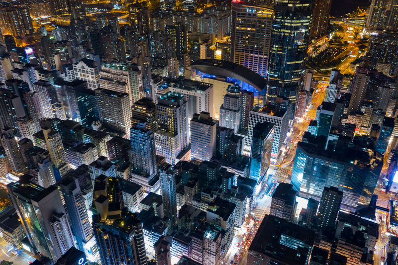 High angle view of city buildings at night