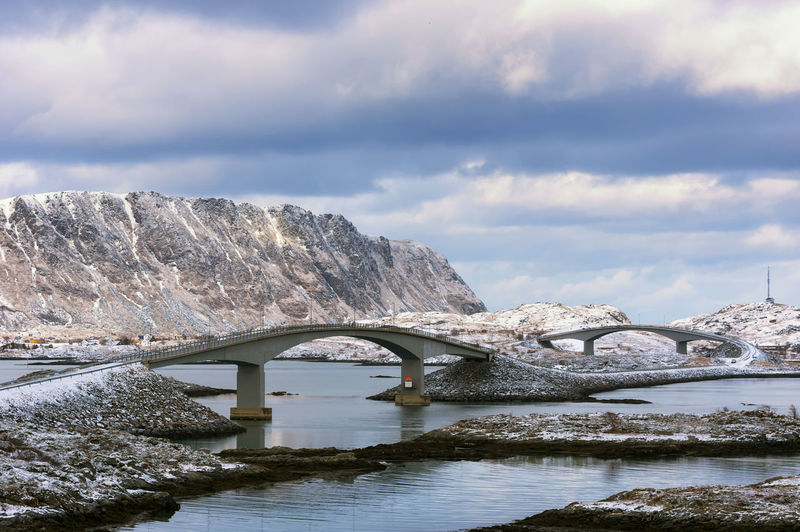 Arch bridge over river against sky norway.