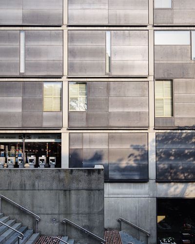 Reflection of building on glass window